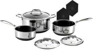 hexclad hybrid nonstick 6-piece pot set with trivets, 2, 3, and 8-quart pots with tempered glass lids, 2 silicone trivets included, dishwasher safe, compatible with all cooktops