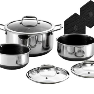 HexClad Hybrid Nonstick 6-Piece Pot Set with Trivets, 2, 3, and 8-Quart Pots with Tempered Glass Lids, 2 Silicone Trivets Included, Dishwasher Safe, Compatible with All Cooktops