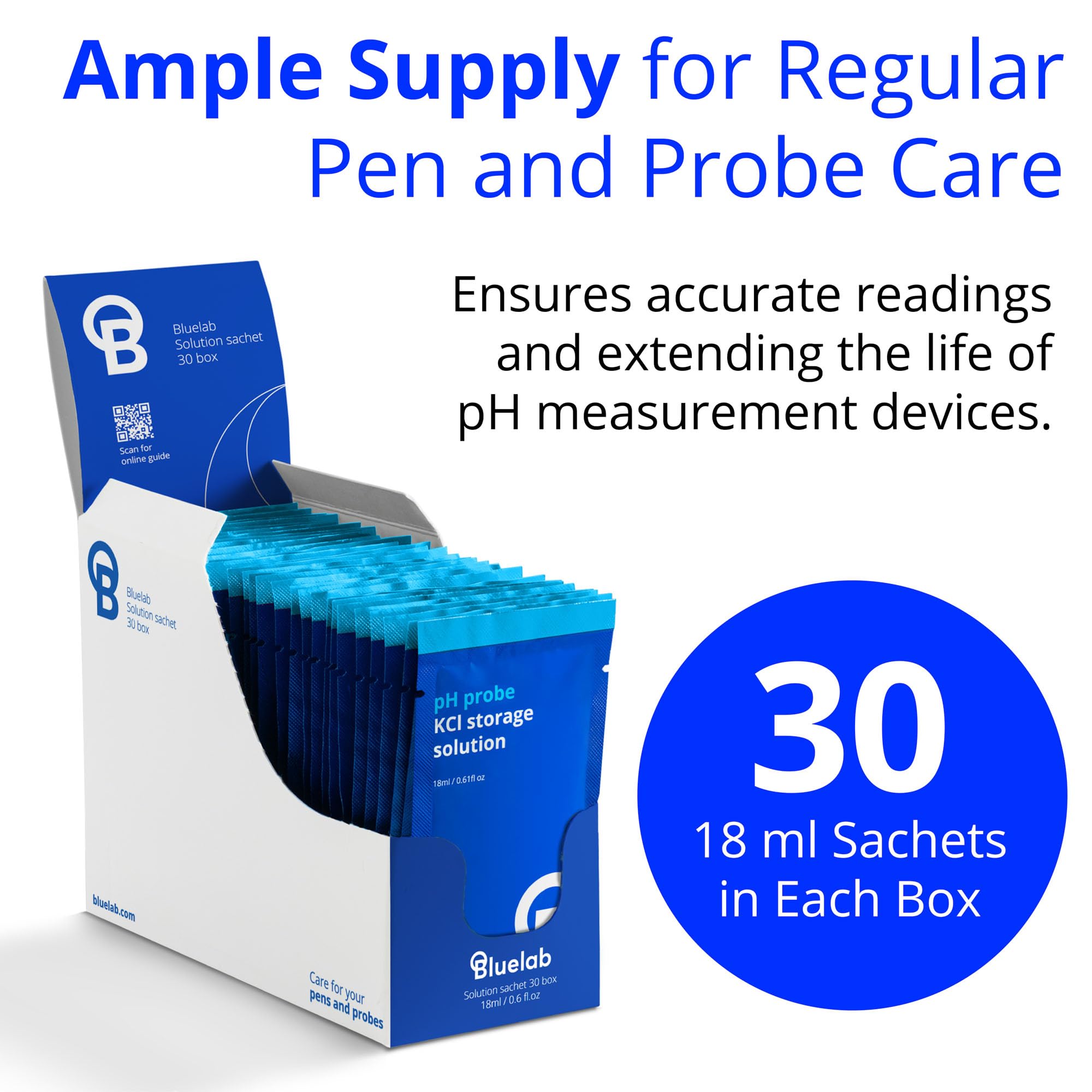 Bluelab KCl Storage Solution Sachets - Ideal for Maintaining pH Pens, pH Meters & pH Probes - Optimal Probe Care to Ensure Accurate Measurements with Regular Probe Hydration, 30 Sachet Box, 18ml Each