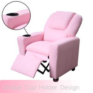 anwickjeff Modern PU Leather Kids Recliner Chair with Cup Holder, Adjustable 2-in-1 Kids Single Couch for Boys Girls (Pink)