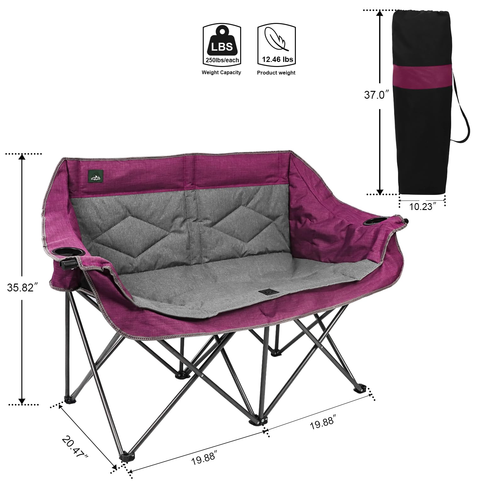 Northroad Folding Loveseat Camping Chair Portable Double Duo Full Padded Garden Sofa Chair for 2 Person w/ 2 Cup Holder,Wine Glass Holder,Support 600lbs for Outdoor Travel (Purple)