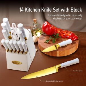 Gold Knife Set with White Handle, 14PCS Premium Quality Titanium Coated Hollow Handle Kitchen Knife Sets, Stainless Steel Chef Gold Kitchen Knife Sets with White Block, Non-slip Ergonomic Handle