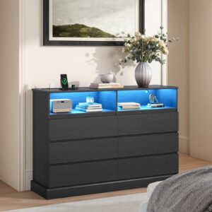 DICTAC Dresser for Bedroom with LED Lights and Charging Station, Black Dresser with No Handle Drawers, Modern Chest of Drawers, Dimensions 50.4''L x 15.7''D x 36.7''H