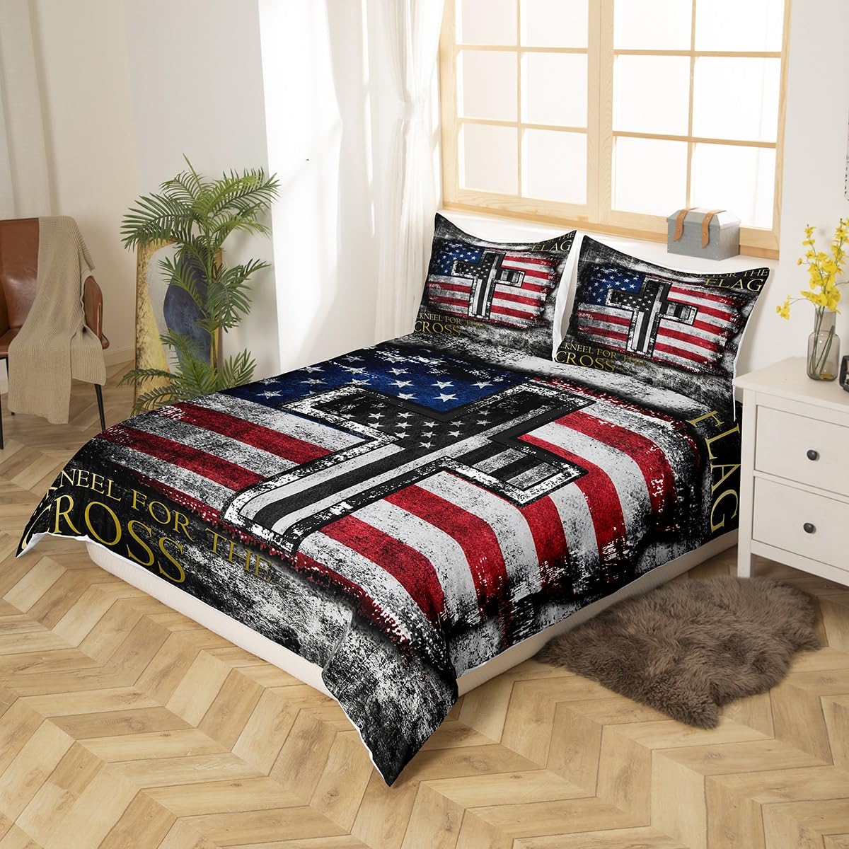 American Flag Duvet Cover for Teen Boys Camo Black White USA Flag Comforter Cover 3 Pieces, The Cross Theme Bedding Set for Devout Protestant Religious Patriotic Style Bedspread Cover Full Size