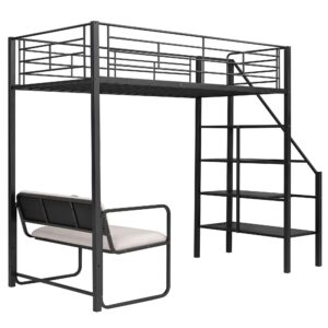 KTATK Twin Size Metal Loft Bed with Built-in Desk & Shelves,Bedroom Multifunction Bed Frame W/Full-Length Guardrails & Ladder,Easy Assembly,for Kid Adult Boy Girl Teen,Black