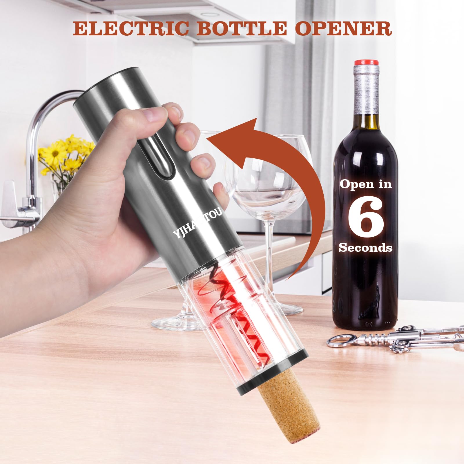 Electric Wine Bottle Opener -The Wine Gift Set, Includes a Charging Wine Bottle Opener, Wine Aerator, Vacuum Wine Preserver, Storage Base, Foil Cutter & USB Cable (Stainless Steel)