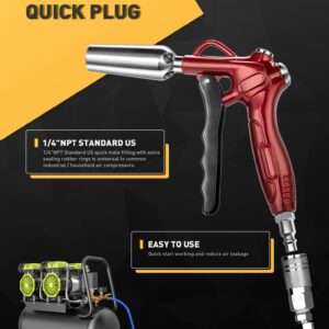 High Volume Air Blow Gun with Powerful Flow Nozzle, Retro Red Air Nozzle Blower Gun with 4.9" Stainless Steel Extension & 1/4'' Standard Quick Plug, Pneumatic Tool for Air Compressor Accessories