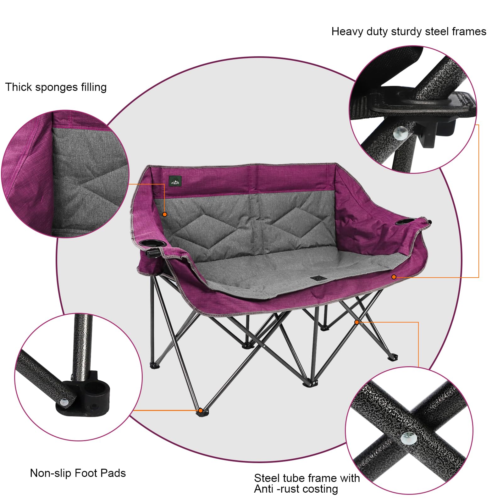 Northroad Folding Loveseat Camping Chair Portable Double Duo Full Padded Garden Sofa Chair for 2 Person w/ 2 Cup Holder,Wine Glass Holder,Support 600lbs for Outdoor Travel (Purple)