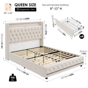 HIFIT Queen LED Bed Frame with Charging Station and 4 Storage Drawers, Velvet Upholstered Platform Bed with Handcrafted Crystal Button Wingback Headboard, Metal Frame with No Box Spring Needed, Beige