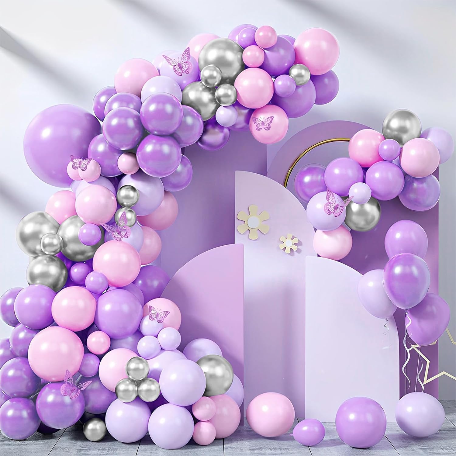 Pink and Purple Balloons Arch Kit, Purple and Silver Balloon Garland Kit with Pink Purple Silver Balloons Butterfly Stickers, DIY Balloon Party Decoratived for Birthday Baby Shower New Year Christmas