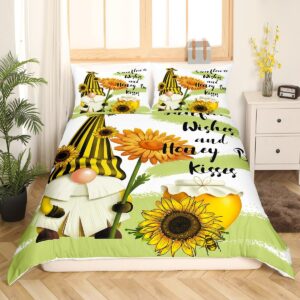 Erosebridal Sunflower Gnome King Duvet Cover for Girls Boys Kids,Yellow Flowers Comforter Cover,Cute Spring Gnome Bed Set,Botanical Floral Green Yellow Bedspread Cover with 2 Pillow Cases Zipper