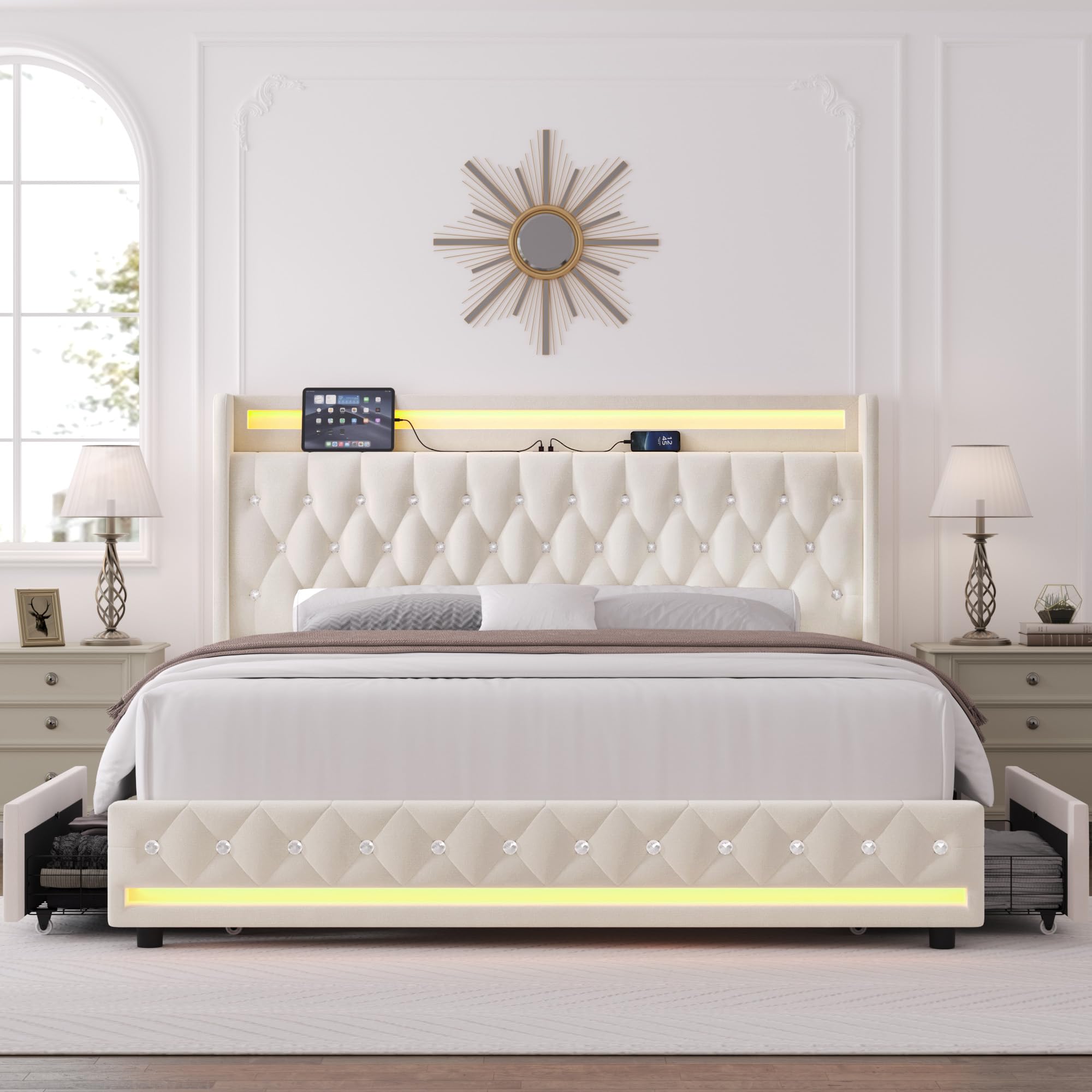 HIFIT Queen LED Bed Frame with Charging Station and 4 Storage Drawers, Velvet Upholstered Platform Bed with Handcrafted Crystal Button Wingback Headboard, Metal Frame with No Box Spring Needed, Beige