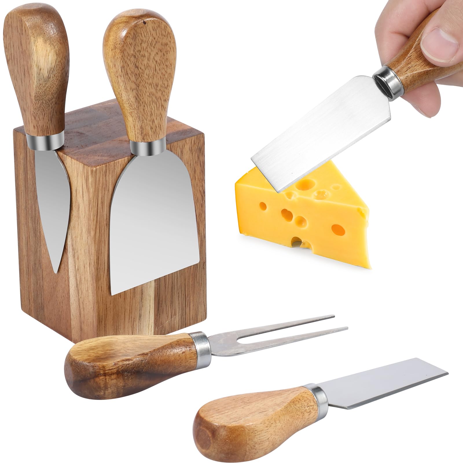 Wekvgz Cheese Knife Set, 4 Small Stainless Steel Charcuterie Board Utensils with Magnetic Acacia Wood Holder, Cheese Cutter Set (A)