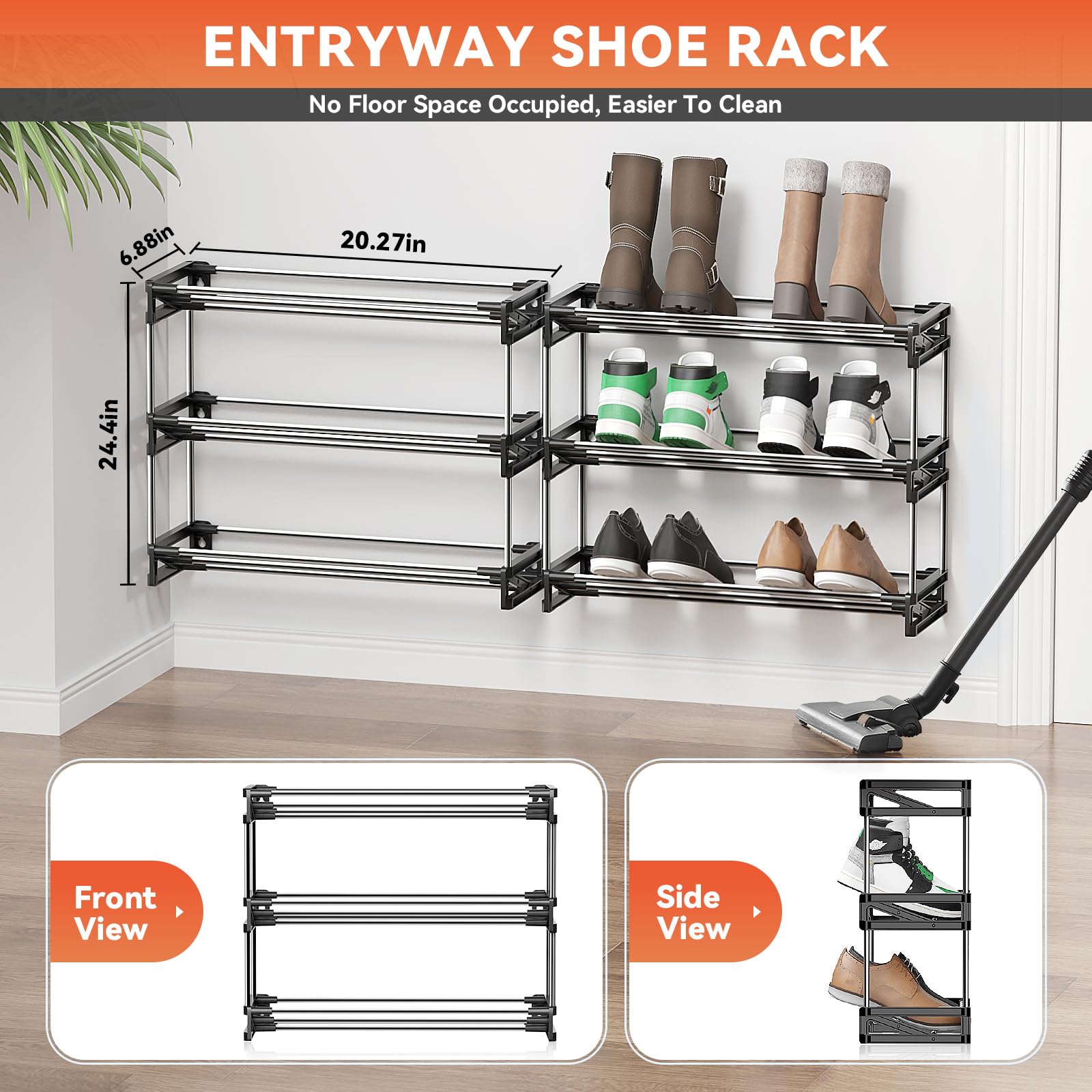 DEYILIAN Shoe Rack for Closet, 3 Tier Narrow Shoe Rack with Hook and Loop Sticky Adhesive Strips Shoe Shelf for Wall Mounted Shoe Rack, Slim Shoe Rack Space Saving Design Wall Shoe Organizer for RV