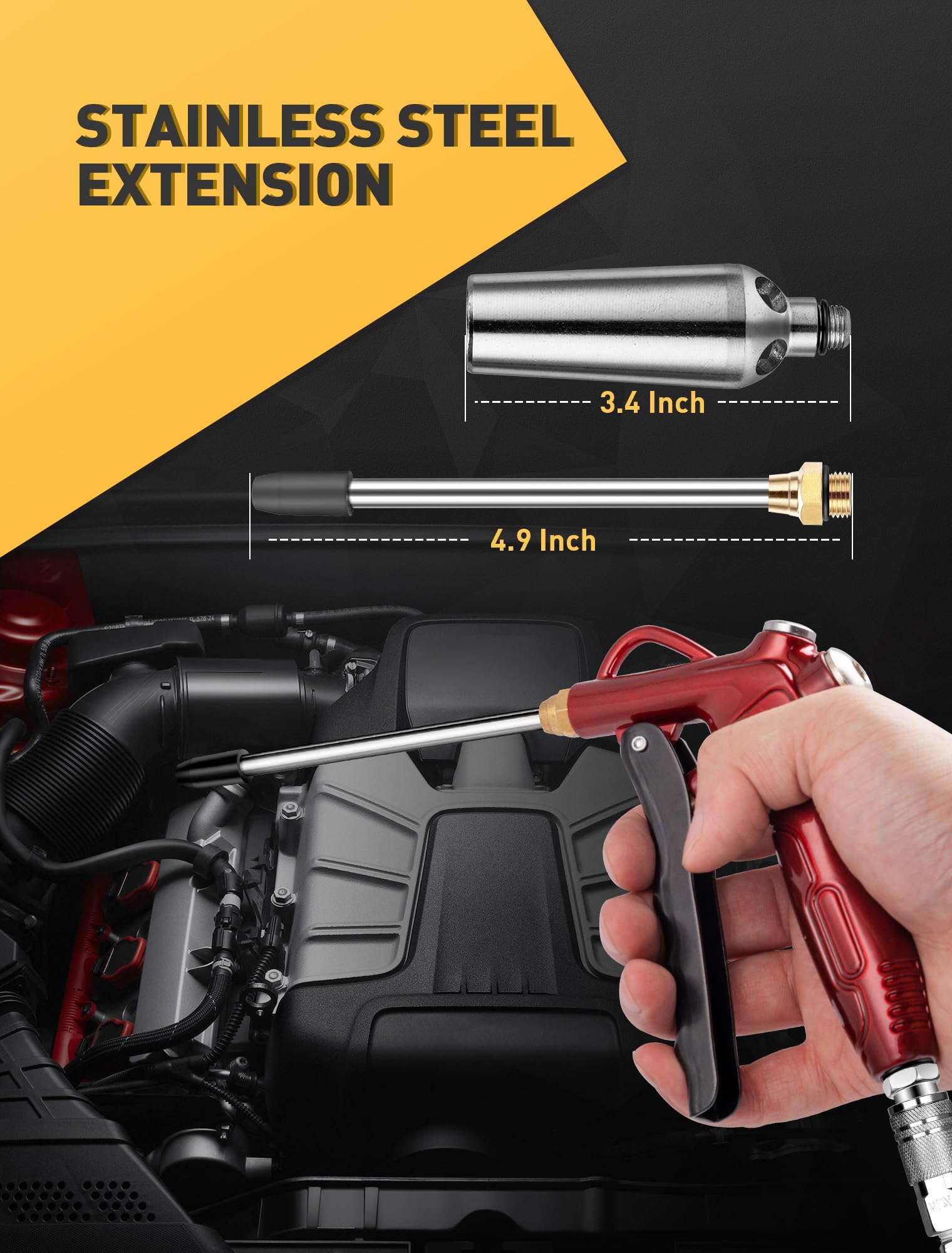 High Volume Air Blow Gun with Powerful Flow Nozzle, Retro Red Air Nozzle Blower Gun with 4.9" Stainless Steel Extension & 1/4'' Standard Quick Plug, Pneumatic Tool for Air Compressor Accessories