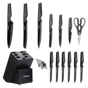 Kitchen Knife Set with Block and Sharpener 16 Pcs German Stainless Steel Knife Block Set with Cutting Board, Finger Protector for Cutting Food and Knife Sharpener Knives Set for Kitchen