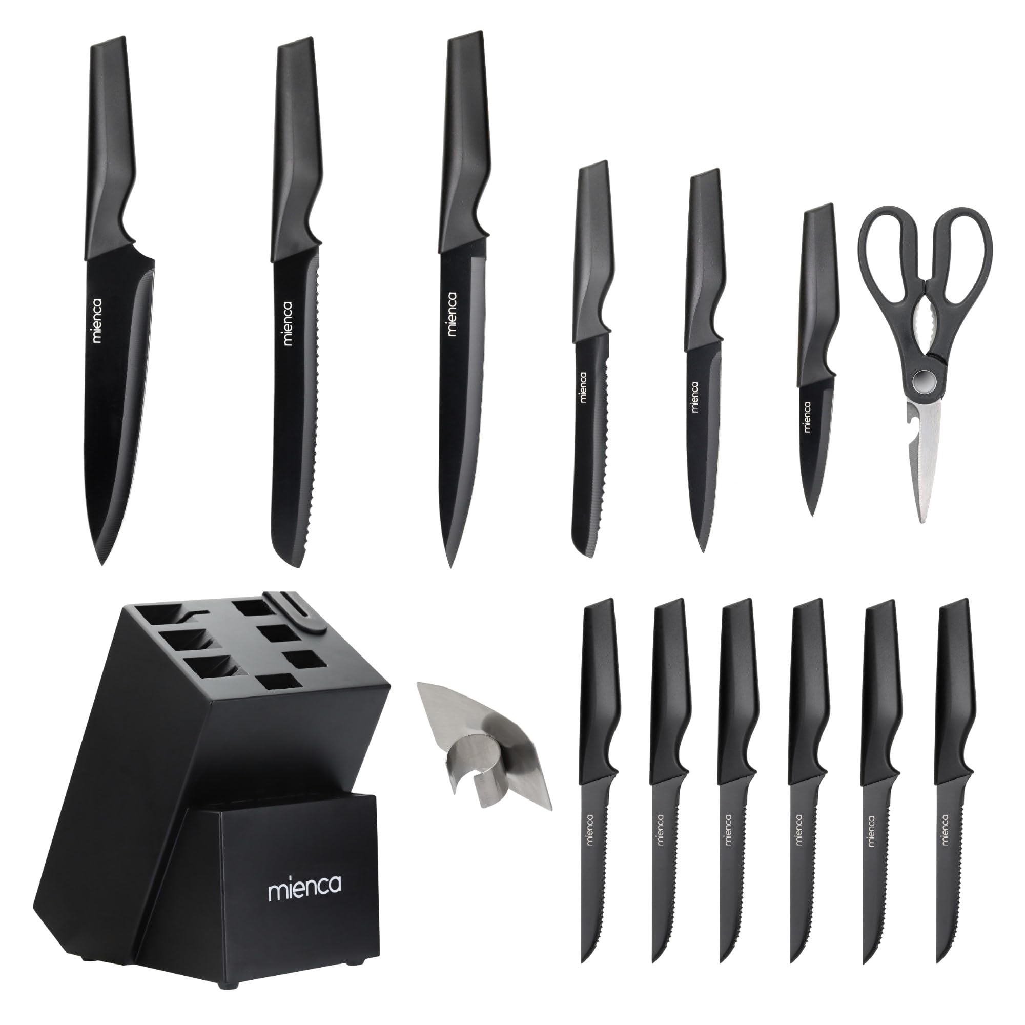 Kitchen Knife Set with Block and Sharpener 16 Pcs German Stainless Steel Knife Block Set with Cutting Board, Finger Protector for Cutting Food and Knife Sharpener Knives Set for Kitchen