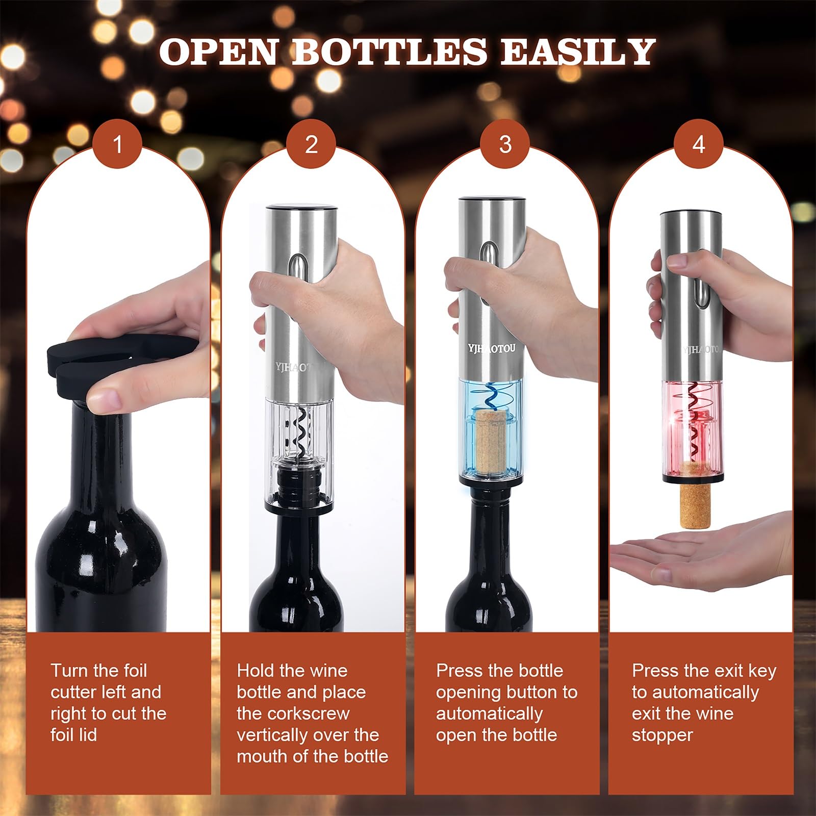 Electric Wine Bottle Opener -The Wine Gift Set, Includes a Charging Wine Bottle Opener, Wine Aerator, Vacuum Wine Preserver, Storage Base, Foil Cutter & USB Cable (Stainless Steel)