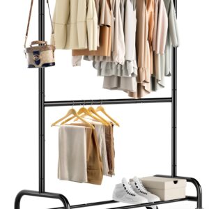 MISSLO Heavy Duty Clothing Racks for Hanging Clothes Rack Double Rod Garment Rack Rolling Closet Wardrobe Rack on Wheels, Metal, Adjustable, Black