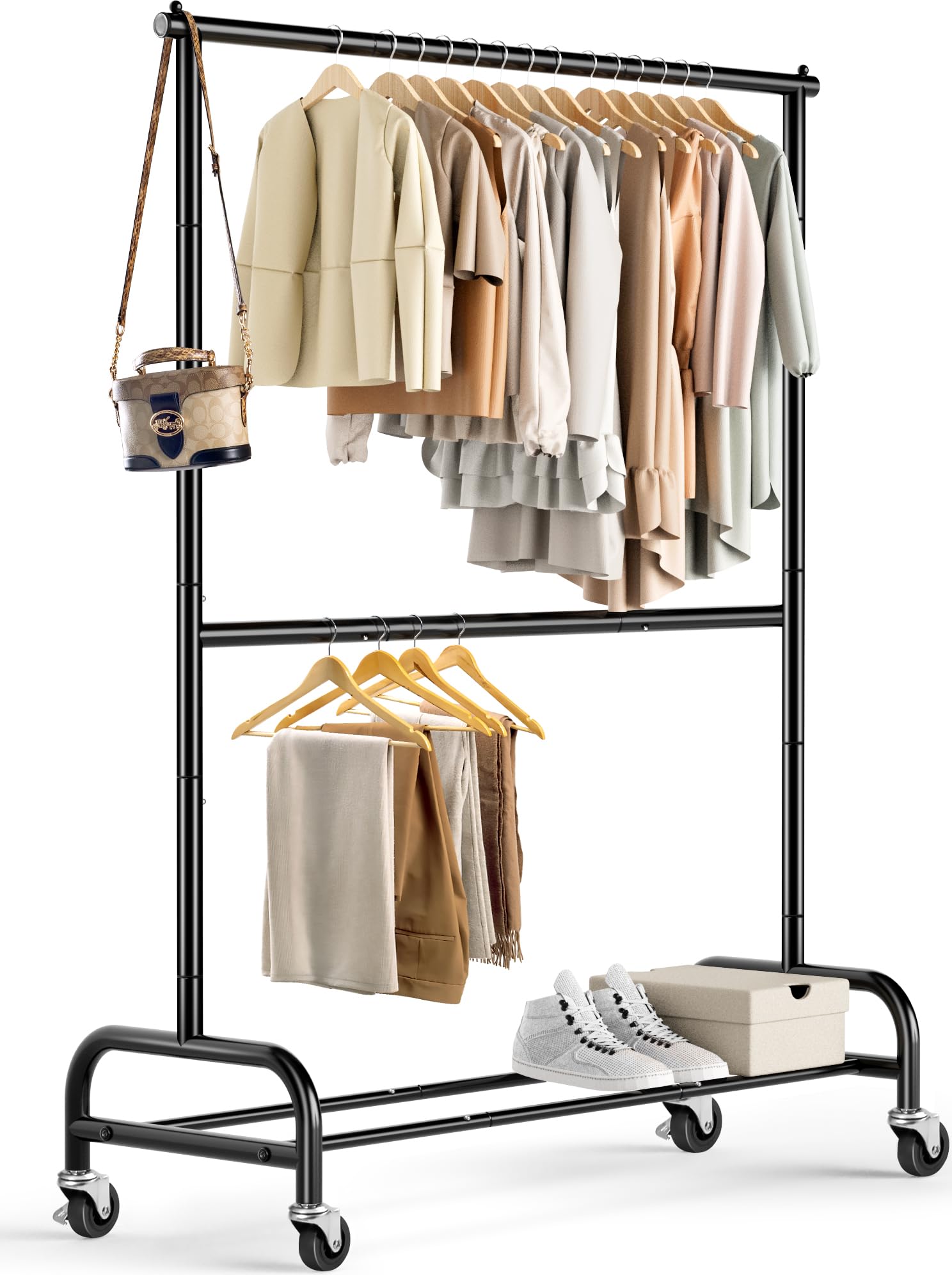 MISSLO Heavy Duty Clothing Racks for Hanging Clothes Rack Double Rod Garment Rack Rolling Closet Wardrobe Rack on Wheels, Metal, Adjustable, Black