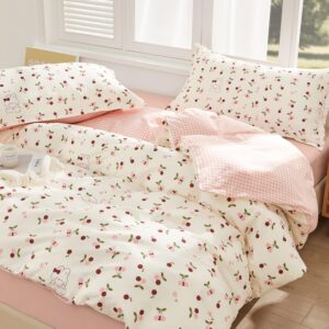 SAPHREAS Home Cute Pink Cherry Duvet Cover Cotton Girls Bedding Set Kawaii Rabbit Pattern Bedding Comforter Cover Kids Teens Cute Bed Set 3pcs 1 White Duvet Cover 2 Pillowshams Queen Size