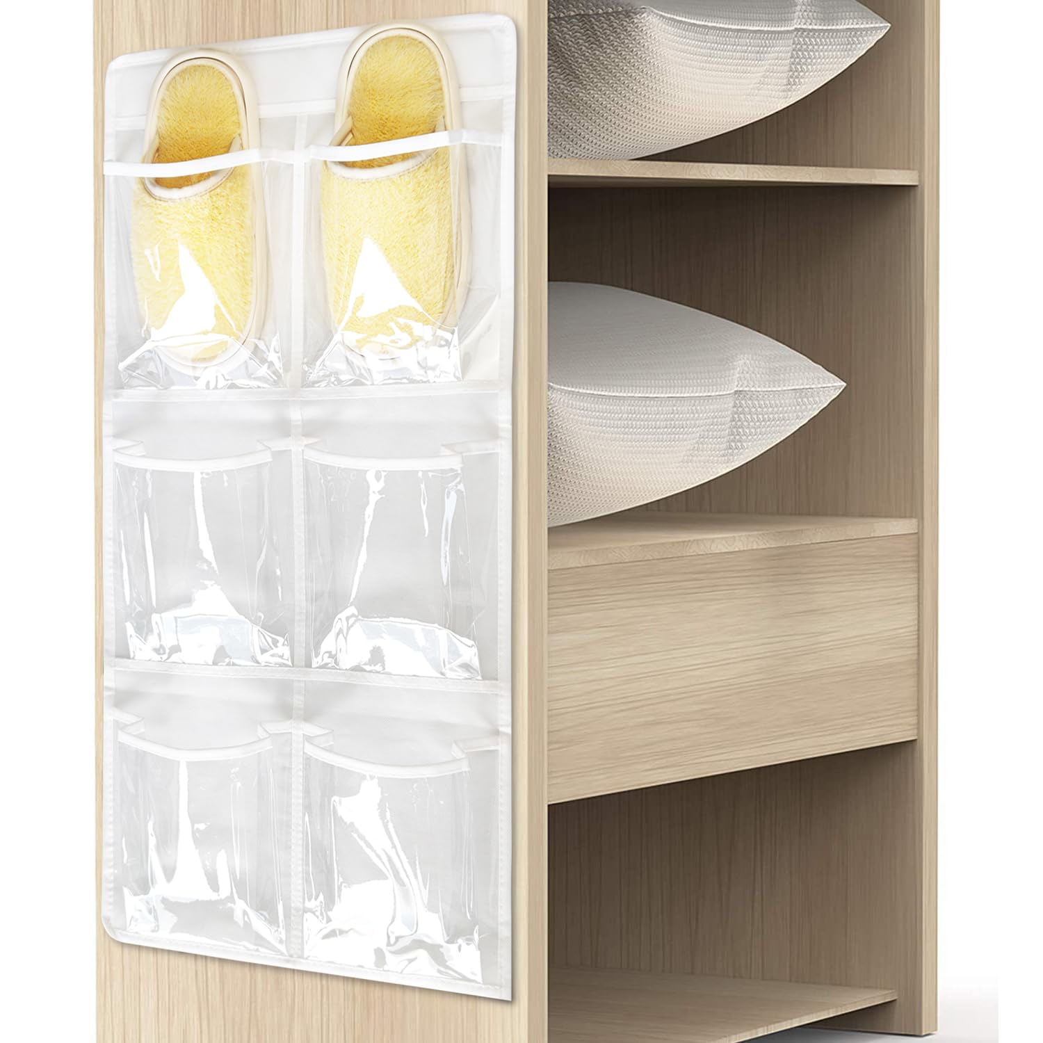 TidyMaster 2 Pack 6 Clear Crystal Pockets Large Hanging Shoe Organizer Over The Door Shoe Rack for Closet Door Storage Shoe Holder Hanger, 4 Hooks, White (30'' x 13.8'')