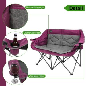 Northroad Folding Loveseat Camping Chair Portable Double Duo Full Padded Garden Sofa Chair for 2 Person w/ 2 Cup Holder,Wine Glass Holder,Support 600lbs for Outdoor Travel (Purple)