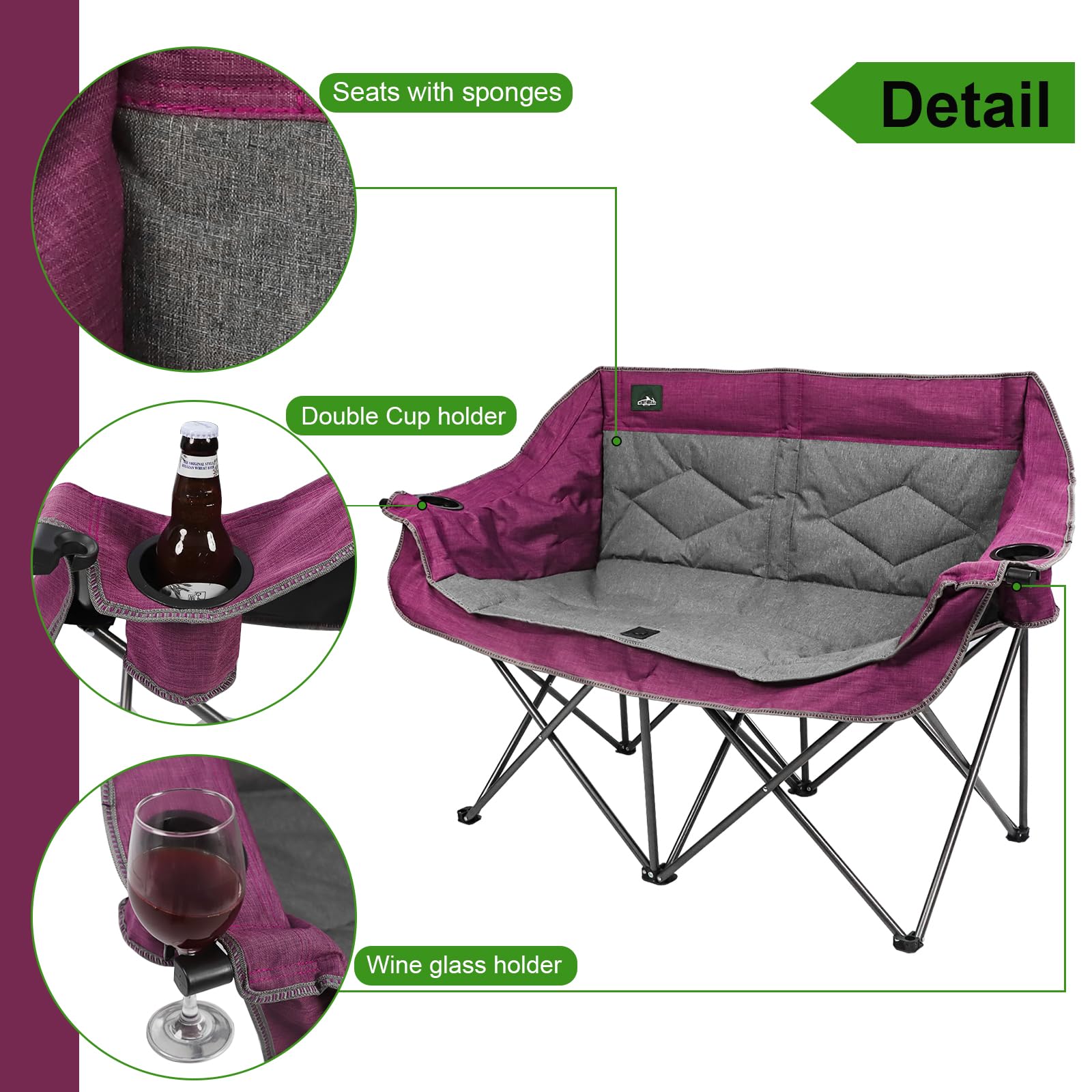 Northroad Folding Loveseat Camping Chair Portable Double Duo Full Padded Garden Sofa Chair for 2 Person w/ 2 Cup Holder,Wine Glass Holder,Support 600lbs for Outdoor Travel (Purple)