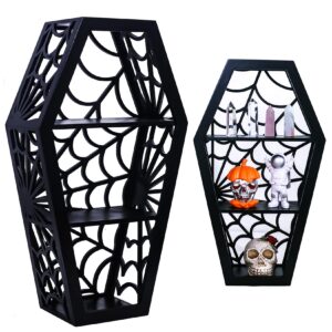 cefliteco spider web coffin shelf - vintage haloowen decor for bathroom and kitchen - gothic furniture for countertop stand - goth accessories spooky wall decor - witchy gifts for women