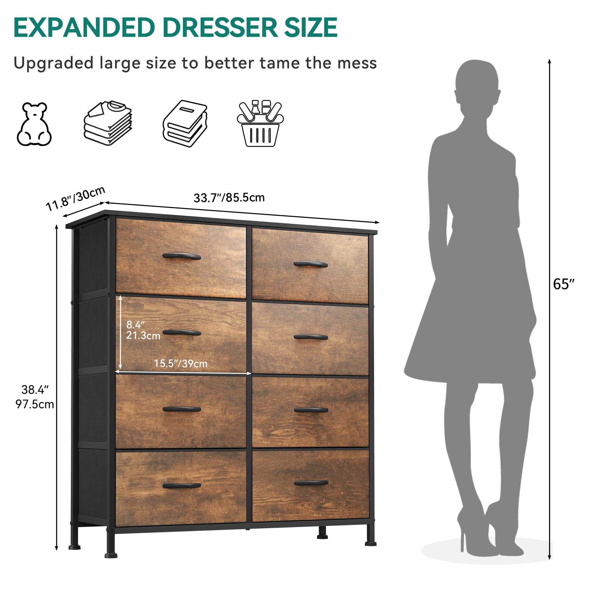 YITAHOME Fabric Dresser for Bedroom, Tall Storage Dresser with 8 Drawers, Rustic Dresser & Chest of Drawers, Storage Drawer Organizer for Closet, Bedroom, Living Room