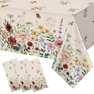 3 pcs spring floral tablecloth, butterfly wildflower plastic disposable tablecloth rectangle table covers for easter, birthday, wedding, mothers day tea party supplies and decorations,54 x 108 inch