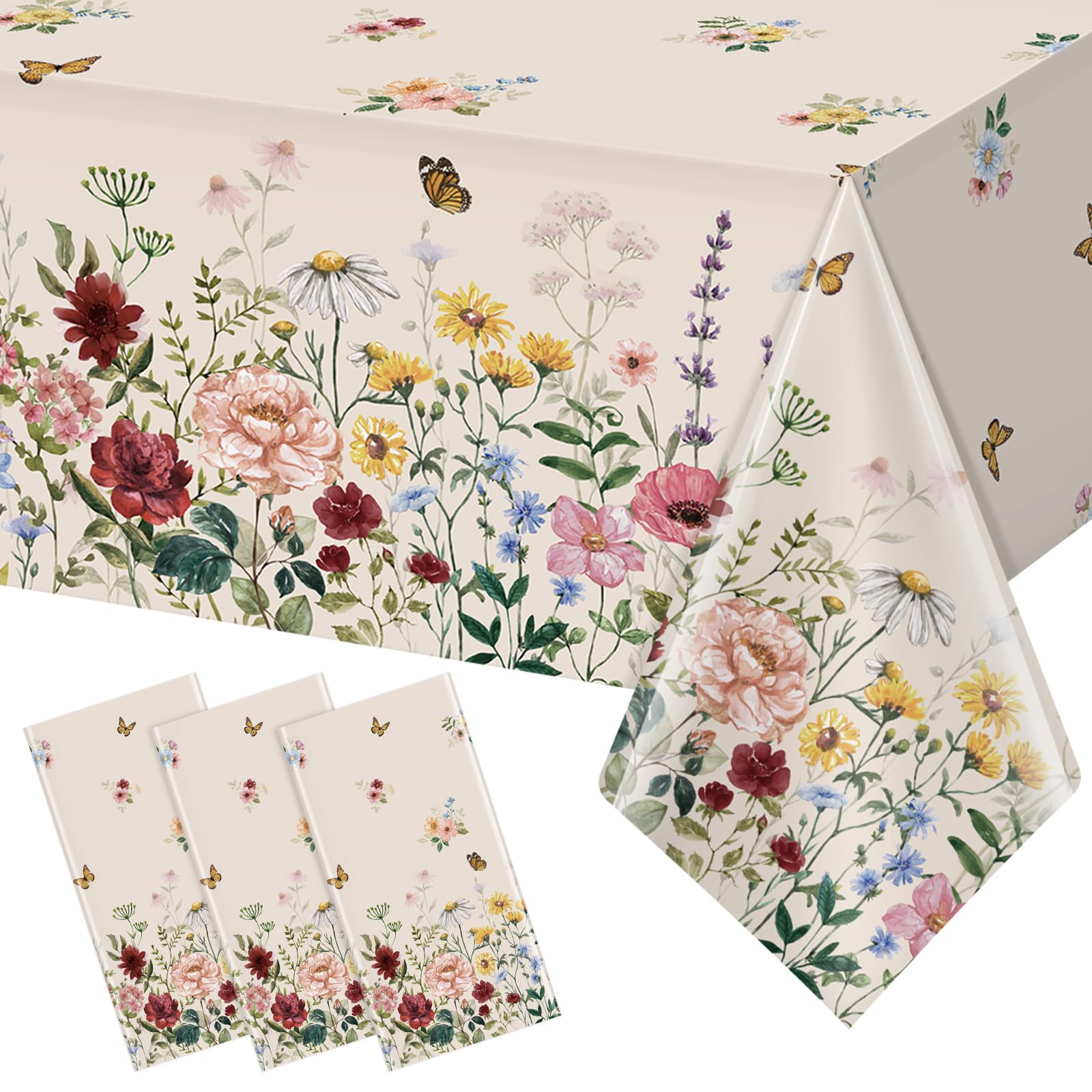 3 Pcs Spring Floral Tablecloth, Butterfly Wildflower Plastic Disposable Tablecloth Rectangle Table Covers for Easter, Birthday, Wedding, Mothers Day Tea Party Supplies and Decorations,54 x 108 Inch