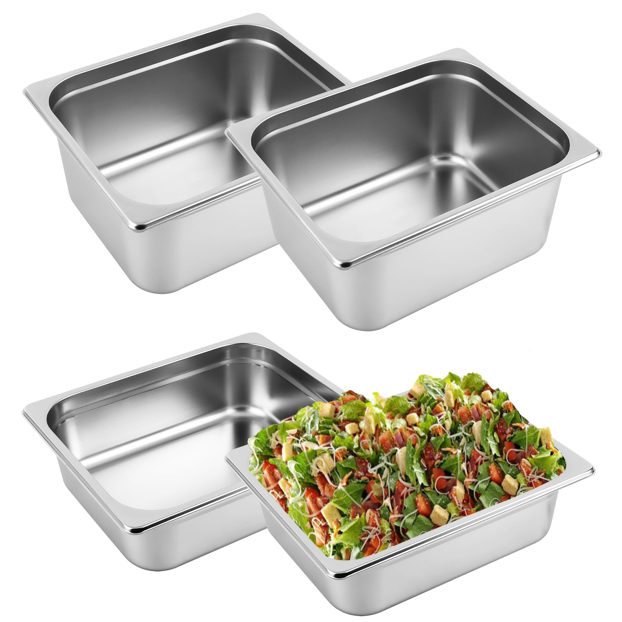 ORNKAT Hotel Pans Stainless Steel Steam Pan 4 Pack 1/2 Half Size 4.0"&6.0" Trays Household Restaurant Food Catering Tray Anti-jamming Bread Salad Table Pans