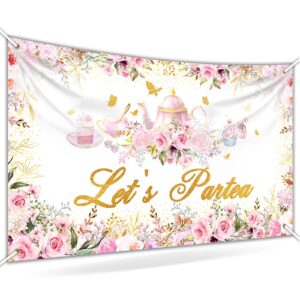 avezano tea party backdrop floral butterfly glitter let's partea banner afternoon tea baby shower birthday party decorations 70.8 x 43.3 inch (pink)