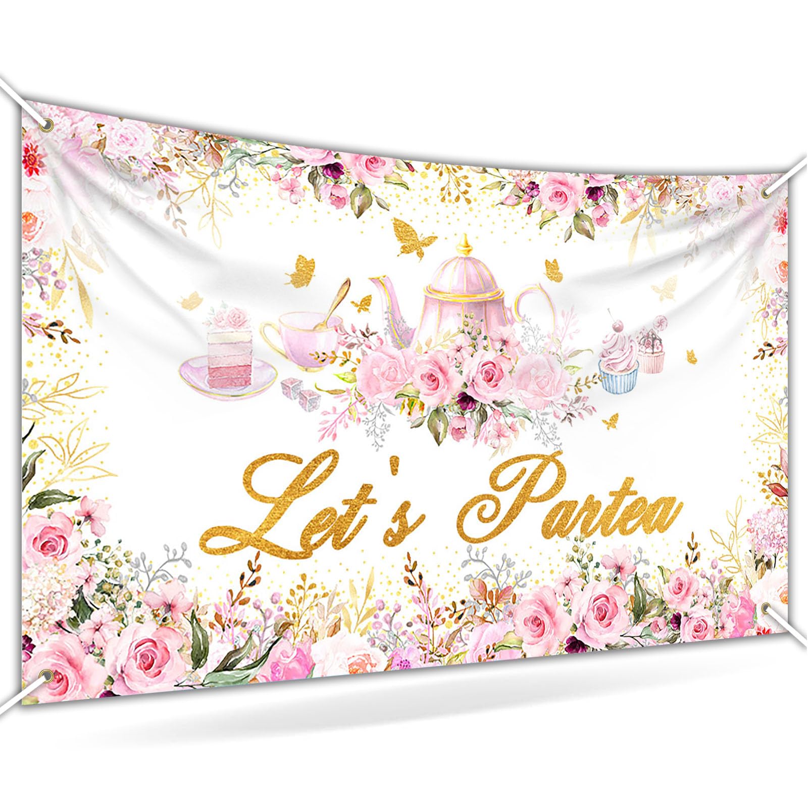 Avezano Tea Party Backdrop Floral Butterfly Glitter Let's Partea Banner Afternoon Tea Baby Shower Birthday Party Decorations 70.8 x 43.3 Inch (Pink)