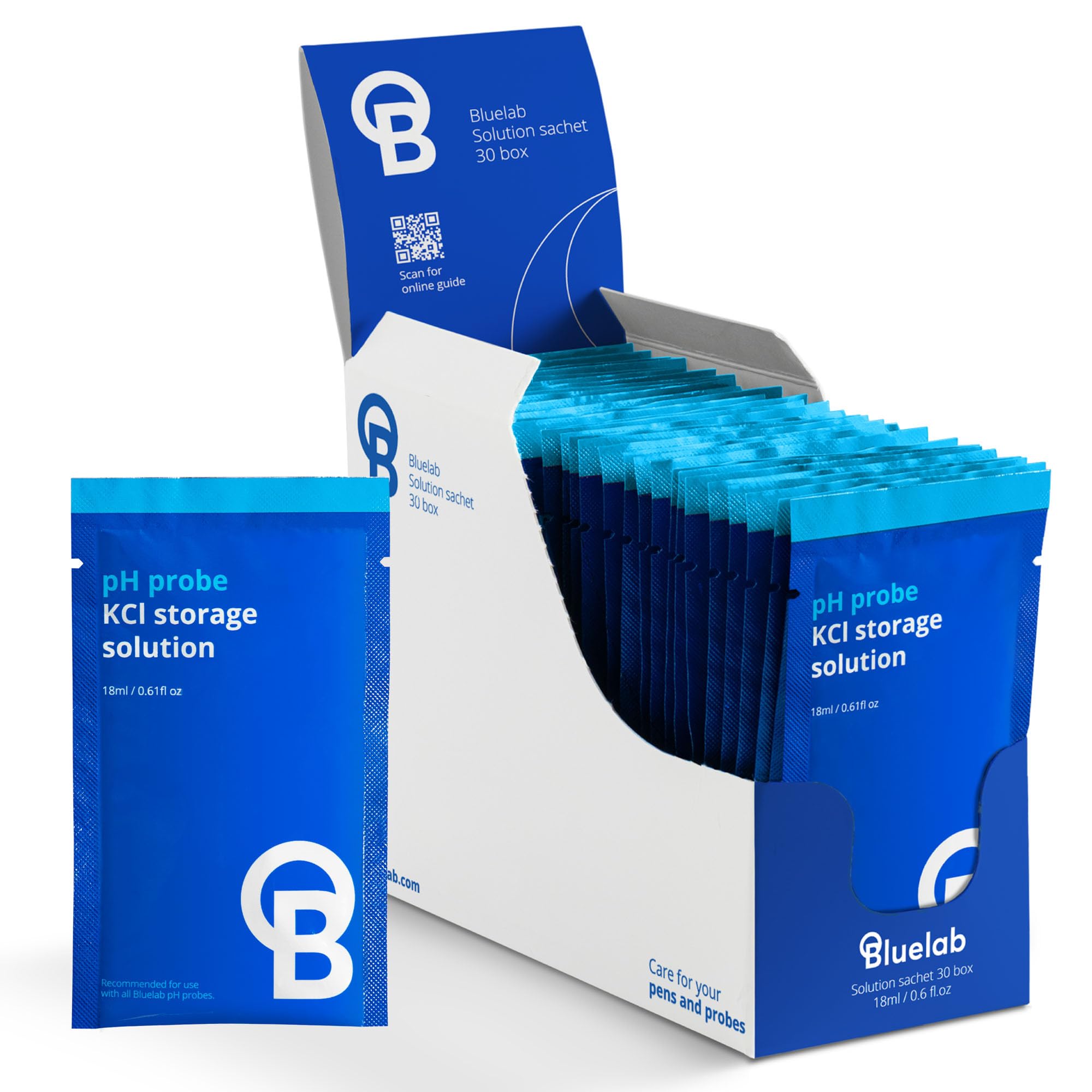 Bluelab KCl Storage Solution Sachets - Ideal for Maintaining pH Pens, pH Meters & pH Probes - Optimal Probe Care to Ensure Accurate Measurements with Regular Probe Hydration, 30 Sachet Box, 18ml Each