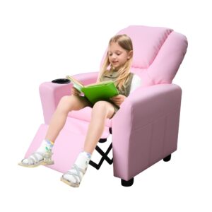 anwickjeff modern pu leather kids recliner chair with cup holder, adjustable 2-in-1 kids single couch for boys girls (pink)