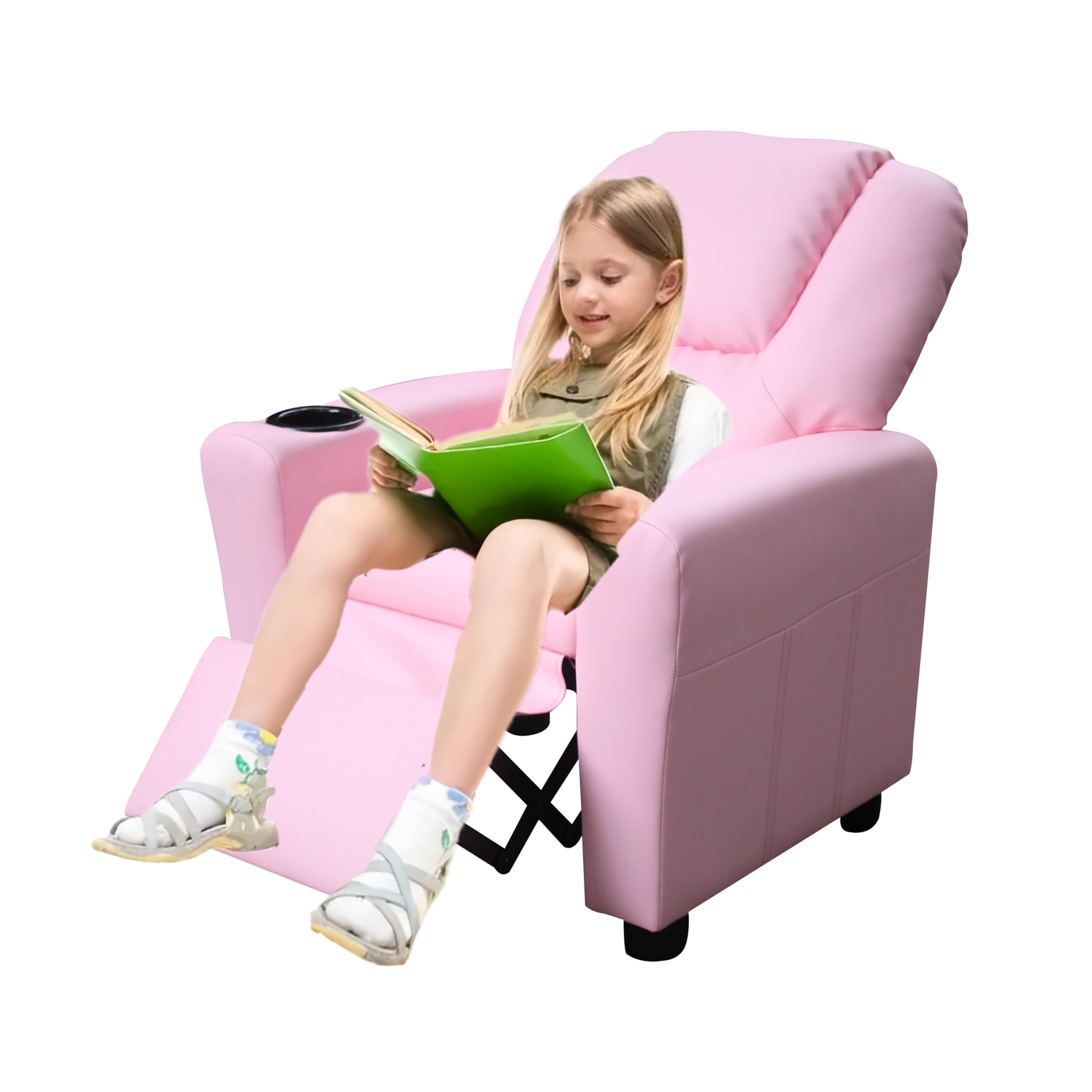 anwickjeff Modern PU Leather Kids Recliner Chair with Cup Holder, Adjustable 2-in-1 Kids Single Couch for Boys Girls (Pink)