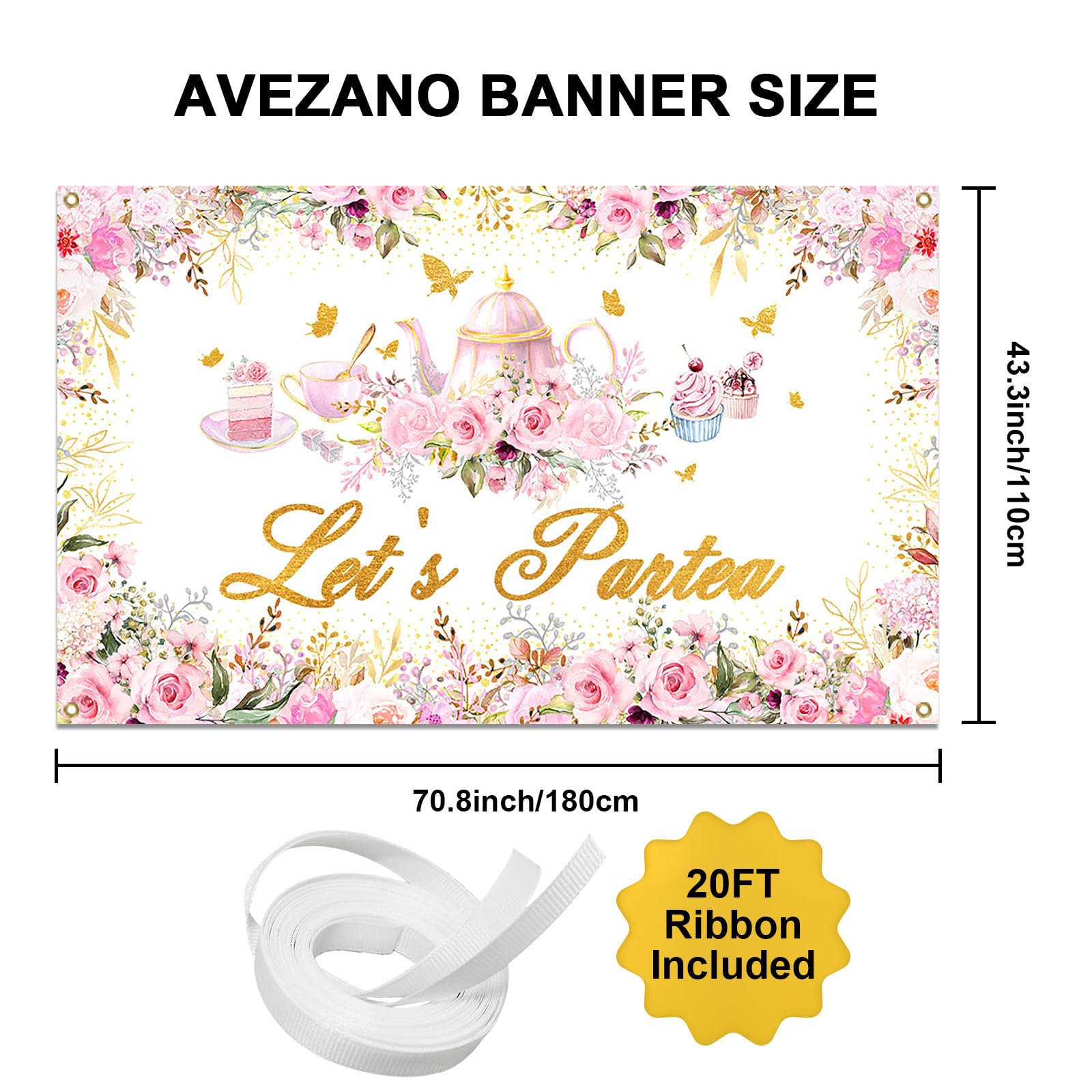 Avezano Tea Party Backdrop Floral Butterfly Glitter Let's Partea Banner Afternoon Tea Baby Shower Birthday Party Decorations 70.8 x 43.3 Inch (Pink)