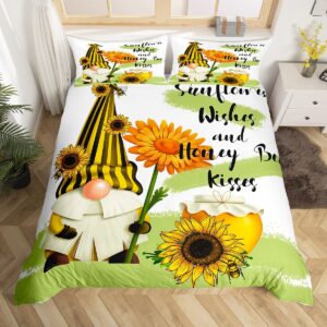 erosebridal sunflower gnome king duvet cover for girls boys kids,yellow flowers comforter cover,cute spring gnome bed set,botanical floral green yellow bedspread cover with 2 pillow cases zipper