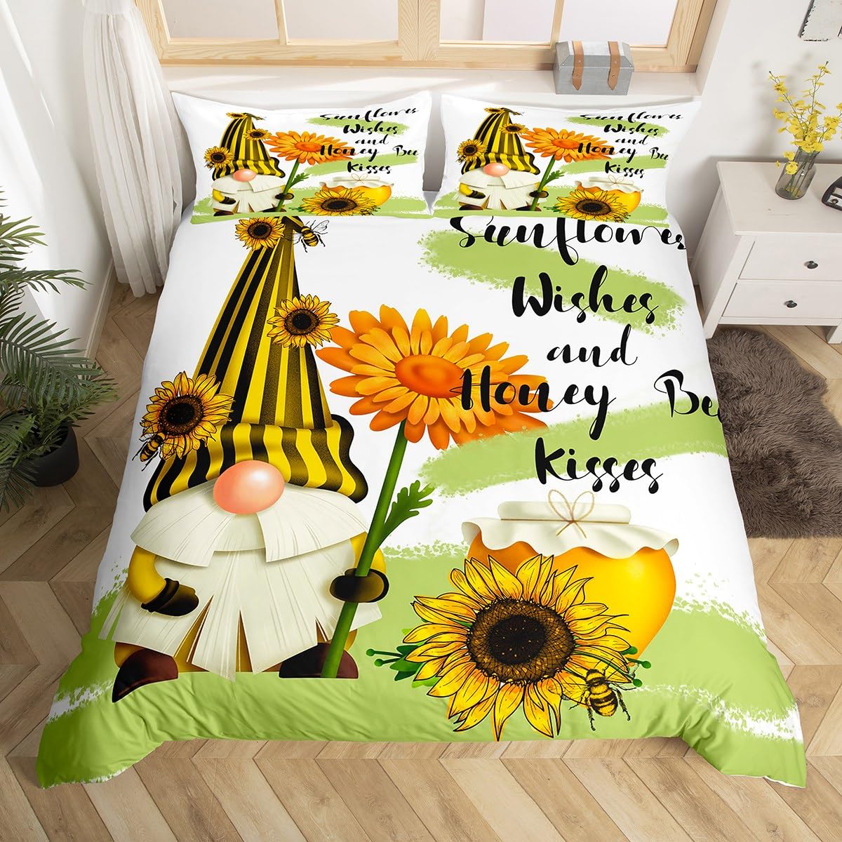 Erosebridal Sunflower Gnome King Duvet Cover for Girls Boys Kids,Yellow Flowers Comforter Cover,Cute Spring Gnome Bed Set,Botanical Floral Green Yellow Bedspread Cover with 2 Pillow Cases Zipper