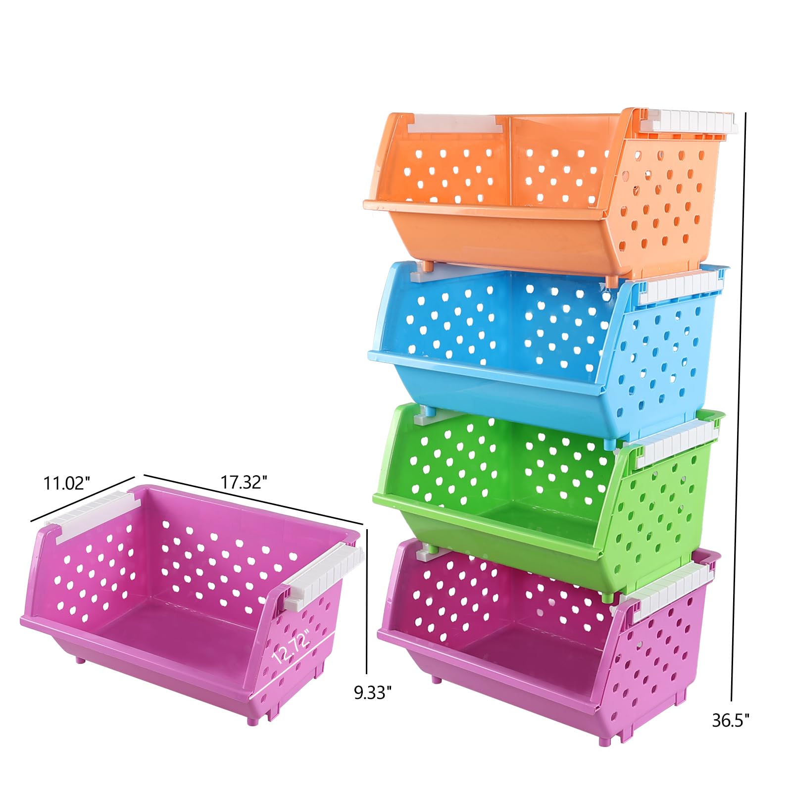 Rosebloom Plastic Stacking Baskets, Colorful Plastic Stackable Storage Basket, 4 Packs