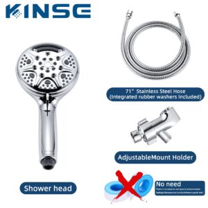 KINSE High Pressure Shower Head with Hose,9-Mode Handheld Shower Head, 5" Shower Head with 71" Extra Long Shower Hose & Adjustable Bracket,Built-In Power Wash to Clean Tub, Tile & Pets