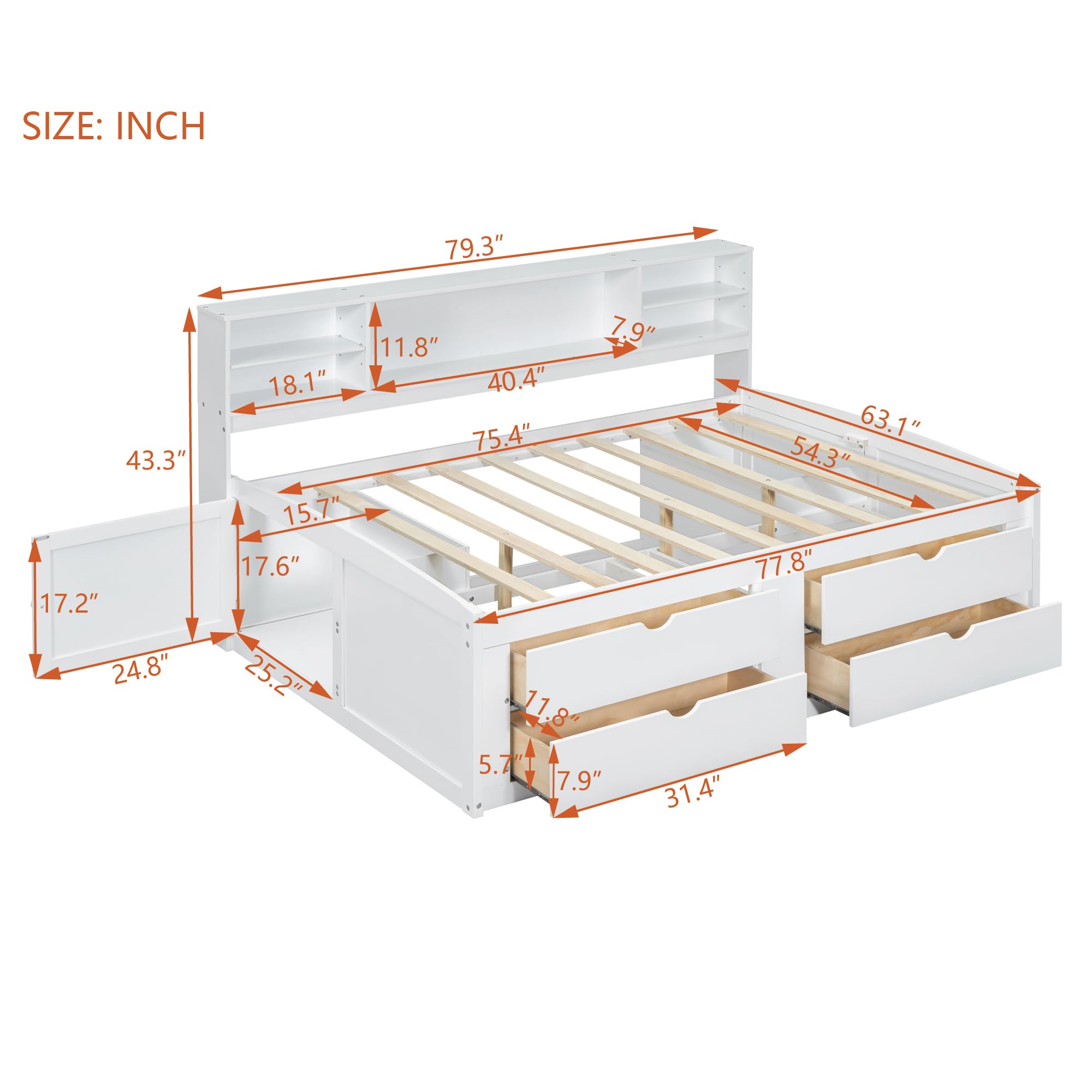 Hlcodca Full Size Daybed with Storage Drawers, Bedside Cabinets and Upper Shelves, Pine Wood Captains Bed with Bookshelf for Kids Boys Girls Teens (White-Full Size Wood Daybed)