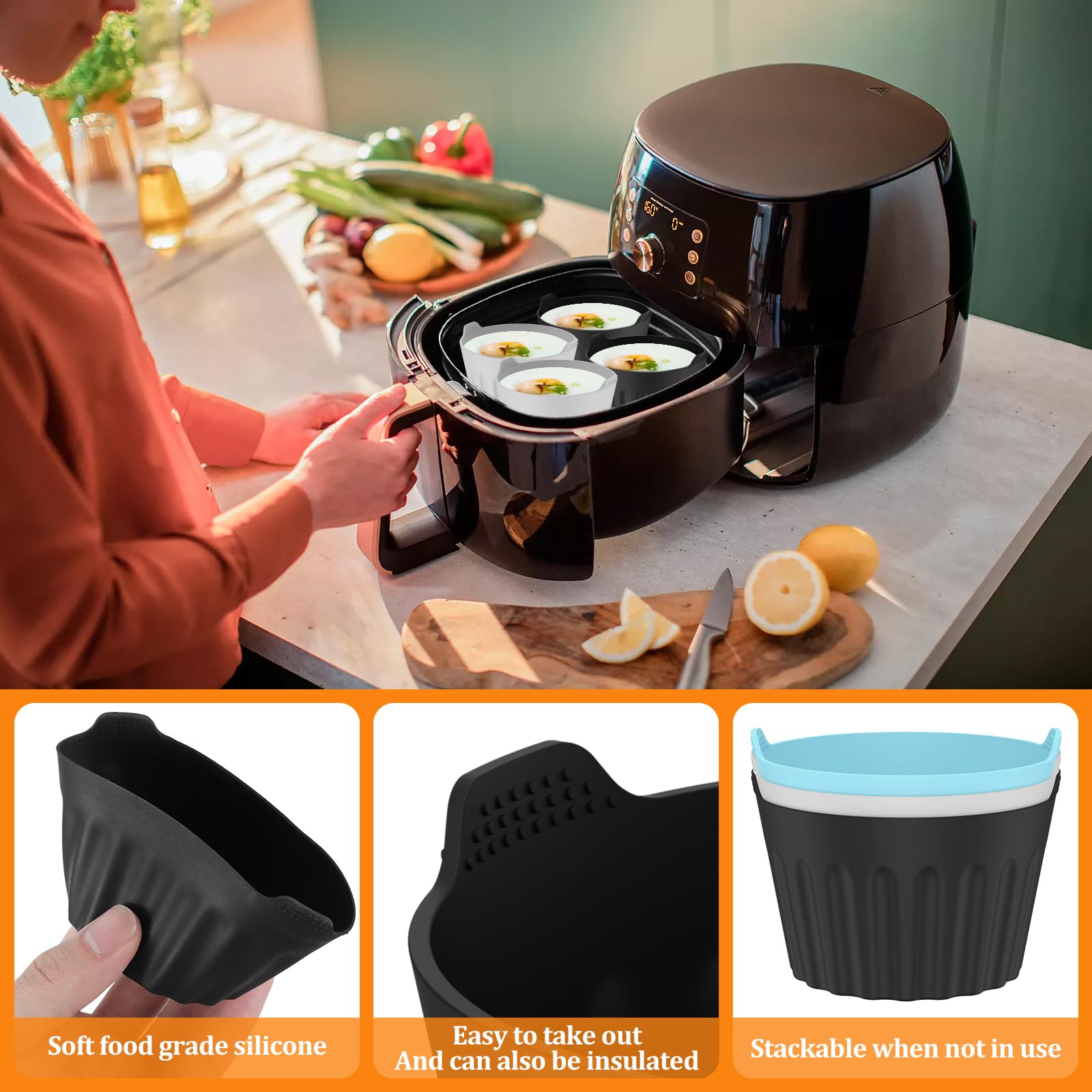 9Pcs Air Fryer Egg Poacher Cups, Silicone Egg Poacher Cups, Egg Cooking Cups, Reusable Nonstick Air Fryer Egg Mold, Poached Egg Cooker, Silicone Ramekins Cupcake Baking Cups for Air Fryer Oven Microwave