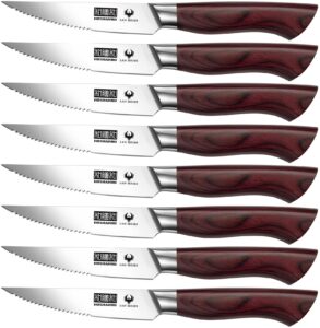 hoshanho steak knife set 8 pieces, 4.5 inch super sharp german high carbon stainless steel steak knife set, professional premium serrated precise cutting with ergonomic wood handle