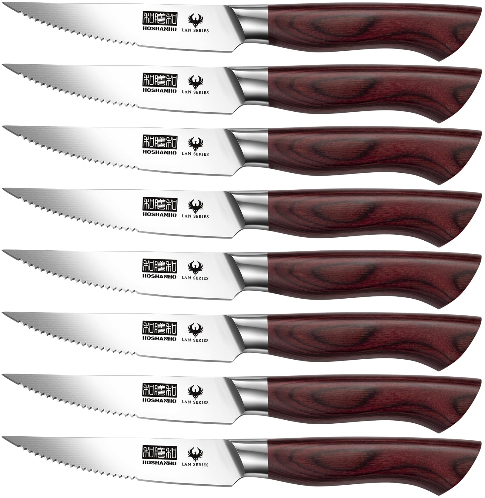 HOSHANHO Steak Knife Set 8 Pieces, 4.5 Inch Super Sharp German High Carbon Stainless Steel Steak Knife Set, Professional Premium Serrated Precise Cutting with Ergonomic Wood Handle