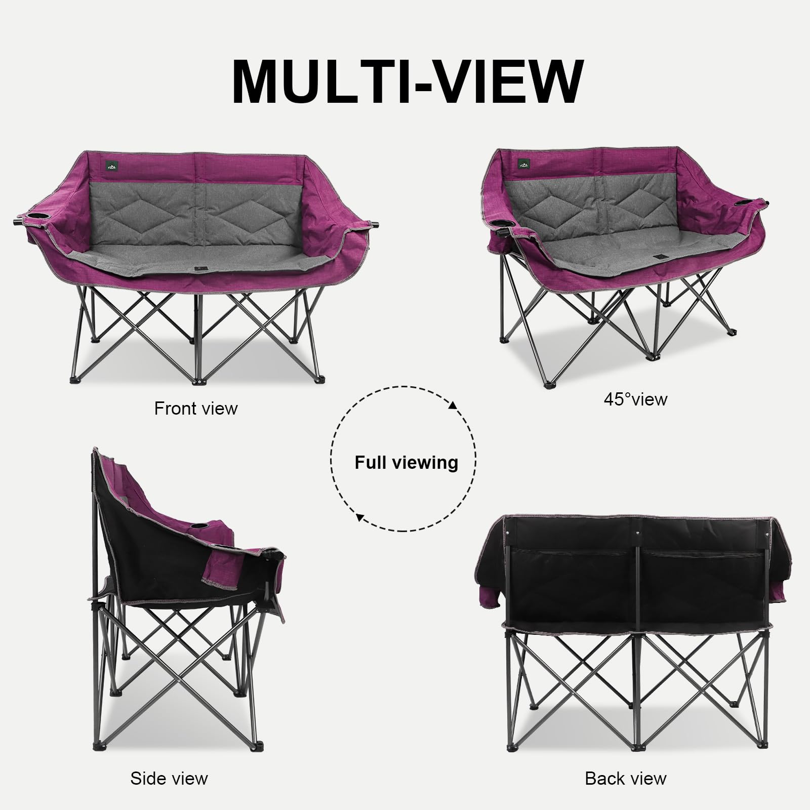 Northroad Folding Loveseat Camping Chair Portable Double Duo Full Padded Garden Sofa Chair for 2 Person w/ 2 Cup Holder,Wine Glass Holder,Support 600lbs for Outdoor Travel (Purple)