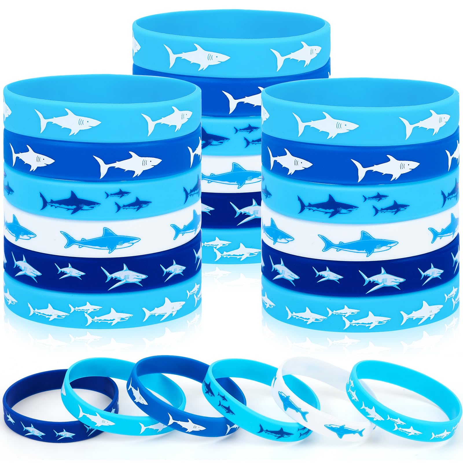 JUNEBRUSHS Shark Party Favors, 42pcs Ocean Sea Life Shark Silicone Bracelets Rubber Wristbands for Baby Shower Under The Sea Themed Kids Birthday Party Gift Decorations Supplies