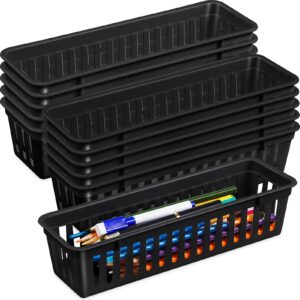 domensi 12 pack slim plastic storage baskets tray for organizing 10.25 x 3.25 x 2.5 inch small narrow storage bins stackable drawer pencil trays holder for desk garage cabinet containers(black)